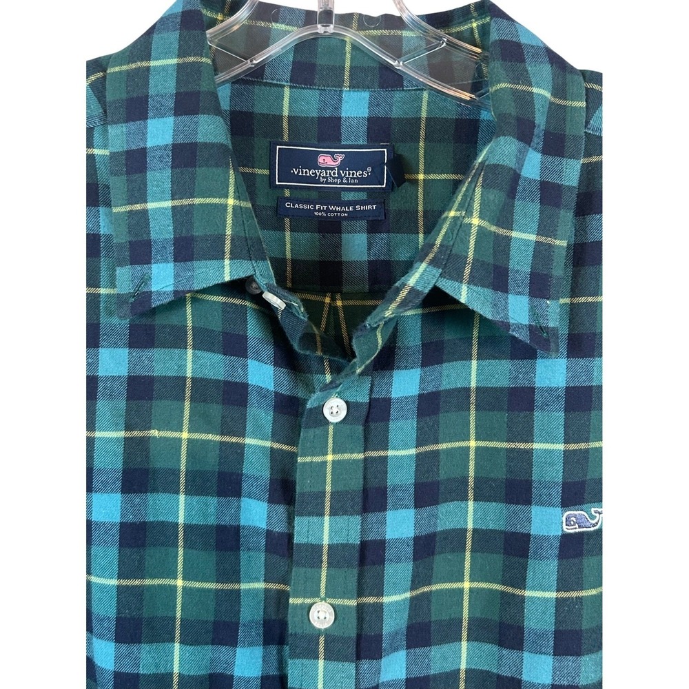 Vineyard Vines Mens XXL Classic Fit Whale Shirt Green Teal Flannel Plaid L/S